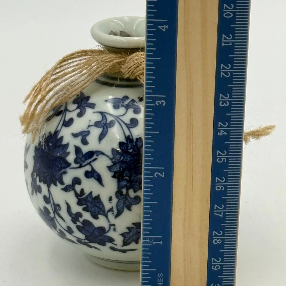 Blue and White Floral Ceramic Bud Vases Set of 2 Mini Round Chinoiserie Decor